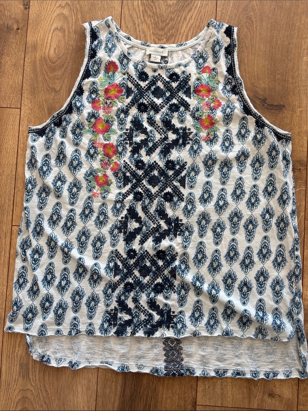 Sundance White Tank with Navy Print and Floral Embroidery